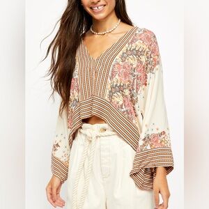 Free People Mix & Match Floral Blouse L – Bell Sleeves, Boho Style
